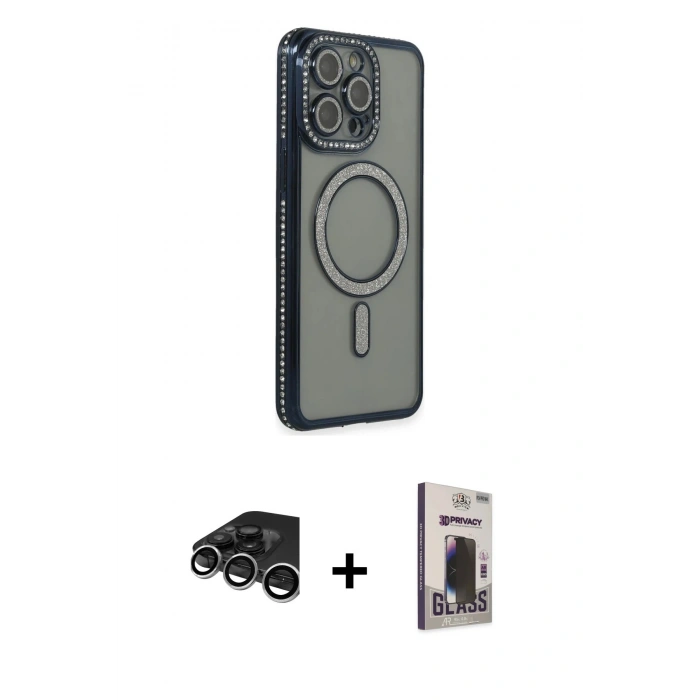 MARSİLYAN™- iPhone 15 Pro Max Kılıf Zirve Doku Prime - Siyah Bilvis Hayalet Cam Ekran Koruyucu + Raze Metal Kamera Lens - GS