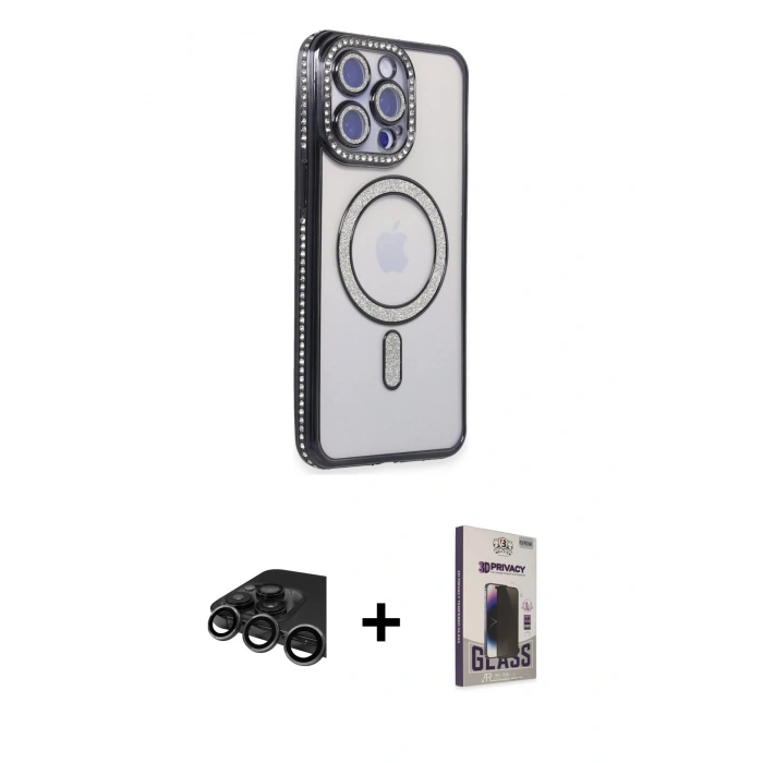 MARSİLYAN™- iPhone 15 Pro Max Kılıf Zirve Doku Prime - Siyah Bilvis Hayalet Cam Ekran Koruyucu + Raze Metal Kamera Lens - TMGI