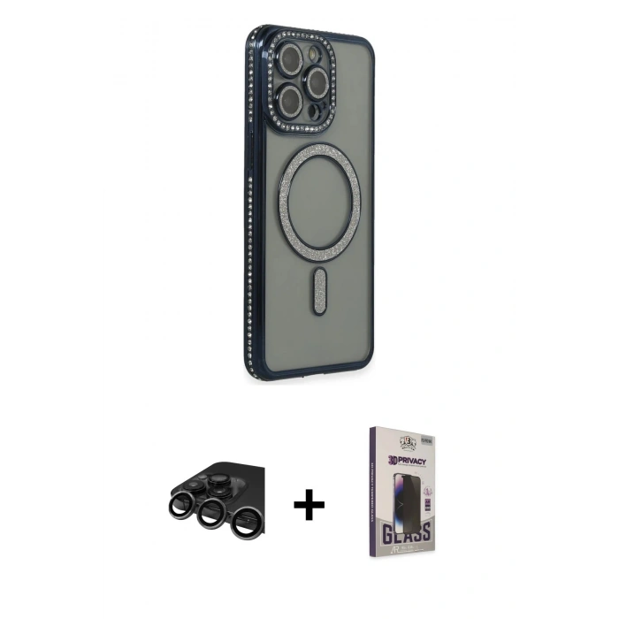 MARSİLYAN™- iPhone 15 Pro Max Kılıf Zirve Doku Prime - Siyah Bilvis Hayalet Cam Ekran Koruyucu + Raze Metal Kamera Lens - TMGI