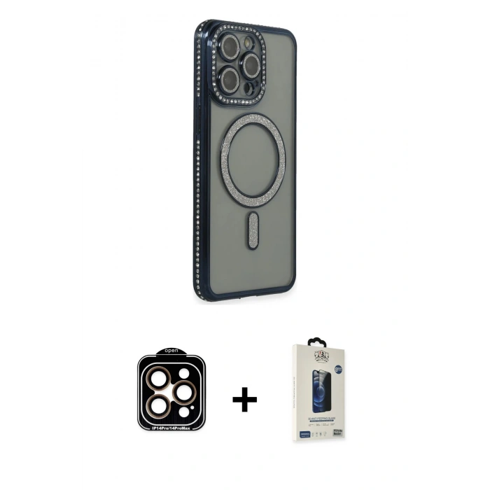 MARSİLYAN™- iPhone 15 Pro Max Kılıf Zirve Doku Prime - Siyah Bilvis Hayalet Cam Ekran Koruyucu + PVD Metal Kamera Lens - TU