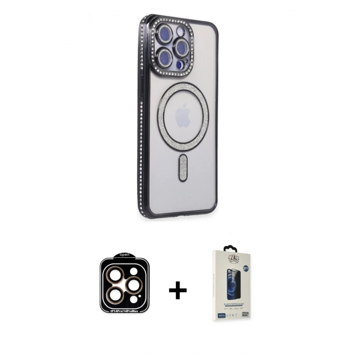 MARSİLYAN™- iPhone 15 Pro Max Kılıf Zirve Doku Prime - Siyah Bilvis Hayalet Cam Ekran Koruyucu + PVD Metal Kamera Lens - TU