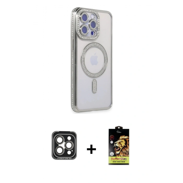 MARSİLYAN™- iPhone 15 Pro Max Kılıf Zirve Doku Prime - Siyah Buffer Cam Ekran Koruyucu + PVD Metal Kamera Lens - GI