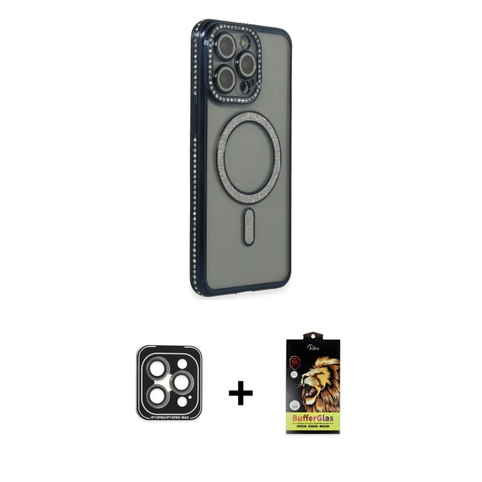 MARSİLYAN™- iPhone 15 Pro Max Kılıf Zirve Doku Prime - Siyah Buffer Cam Ekran Koruyucu + PVD Metal Kamera Lens - GI