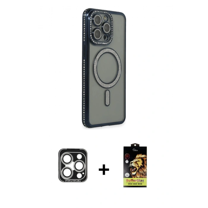 MARSİLYAN™- iPhone 15 Pro Max Kılıf Zirve Doku Prime - Siyah Buffer Cam Ekran Koruyucu + PVD Metal Kamera Lens - GS