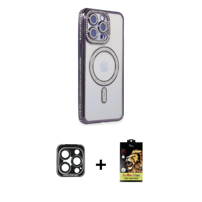 MARSİLYAN™- iPhone 15 Pro Max Kılıf Zirve Doku Prime - Siyah Buffer Cam Ekran Koruyucu + PVD Metal Kamera Lens - LT
