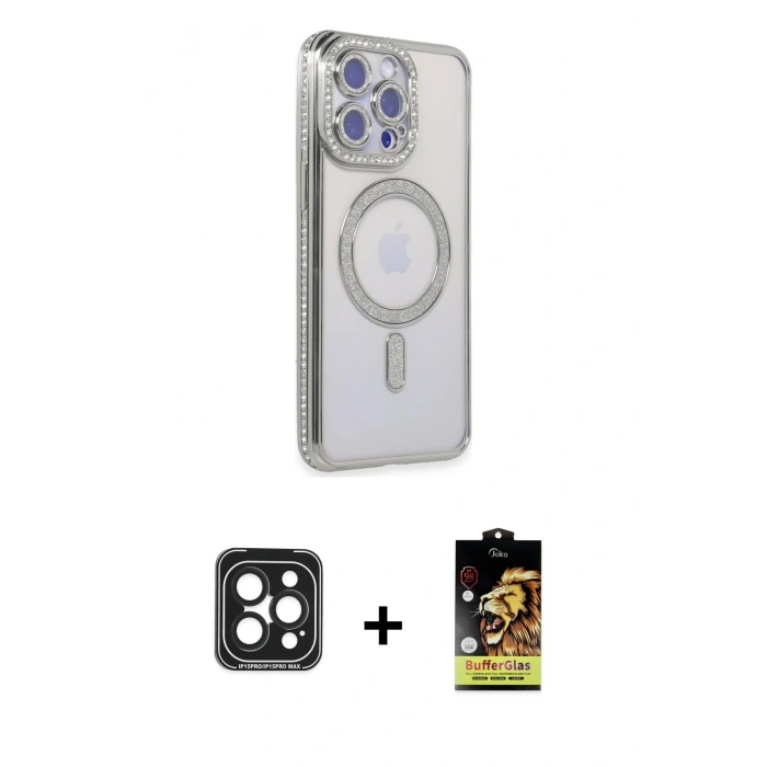 MARSİLYAN™- iPhone 15 Pro Max Kılıf Zirve Doku Prime - Siyah Buffer Cam Ekran Koruyucu + PVD Metal Kamera Lens - SH