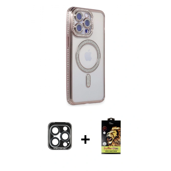 MARSİLYAN™- iPhone 15 Pro Max Kılıf Zirve Doku Prime - Siyah Buffer Cam Ekran Koruyucu + PVD Metal Kamera Lens - LT