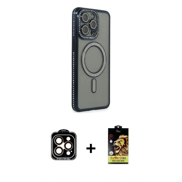 MARSİLYAN™- iPhone 15 Pro Max Kılıf Zirve Doku Prime - Siyah Buffer Cam Ekran Koruyucu + PVD Metal Kamera Lens - TU