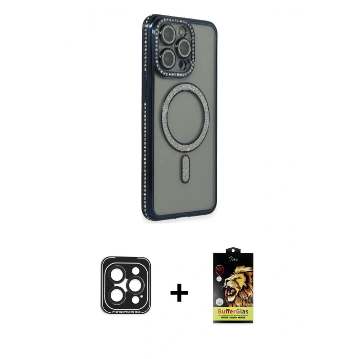 MARSİLYAN™- iPhone 15 Pro Max Kılıf Zirve Doku Prime - Siyah Buffer Cam Ekran Koruyucu + PVD Metal Kamera Lens - SH