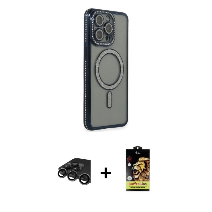 MARSİLYAN™- iPhone 15 Pro Max Kılıf Zirve Doku Prime - Siyah Buffer Cam Ekran Koruyucu + Raze Metal Kamera Lens - TMGI