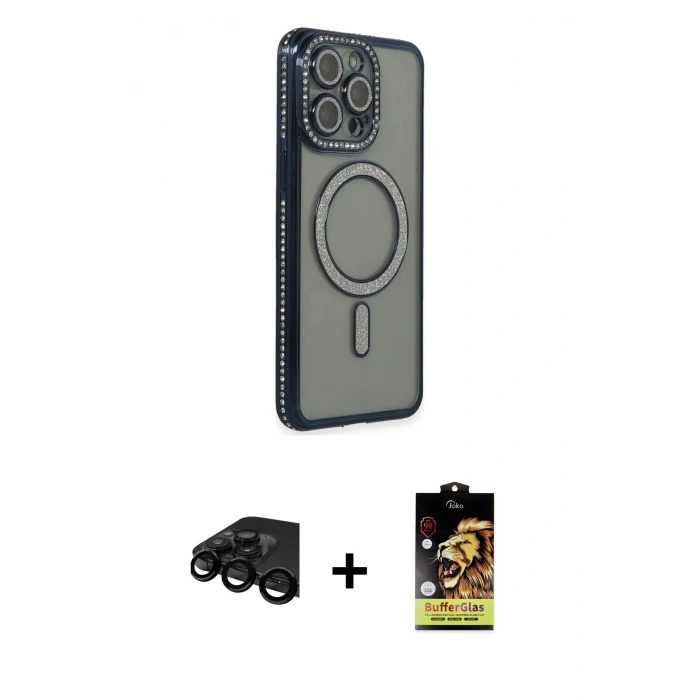 MARSİLYAN™- iPhone 15 Pro Max Kılıf Zirve Doku Prime - Siyah Buffer Cam Ekran Koruyucu + Raze Metal Kamera Lens - SH
