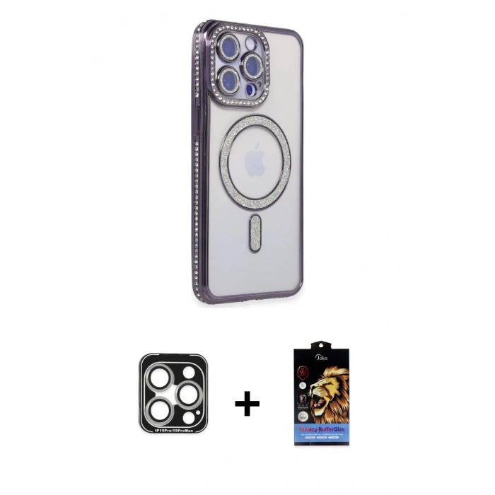 MARSİLYAN™- iPhone 15 Pro Max Kılıf Zirve Doku Prime - Siyah Buffer Hayalet Cam Ekran Koruyucu + PVD Metal Kamera Lens - GS