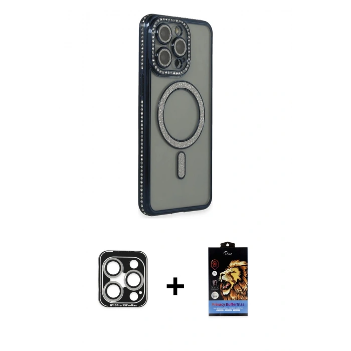 MARSİLYAN™- iPhone 15 Pro Max Kılıf Zirve Doku Prime - Siyah Buffer Hayalet Cam Ekran Koruyucu + PVD Metal Kamera Lens - GS