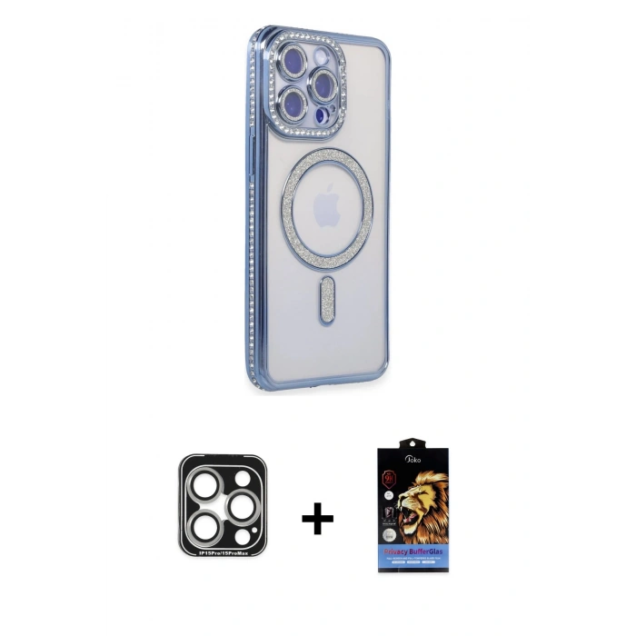 MARSİLYAN™- iPhone 15 Pro Max Kılıf Zirve Doku Prime - Siyah Buffer Hayalet Cam Ekran Koruyucu + PVD Metal Kamera Lens - GS