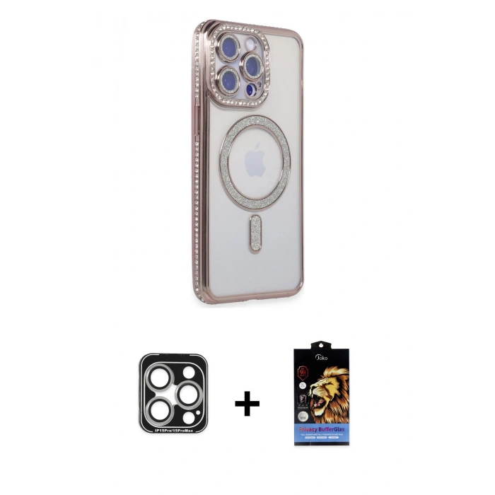 MARSİLYAN™- iPhone 15 Pro Max Kılıf Zirve Doku Prime - Siyah Buffer Hayalet Cam Ekran Koruyucu + PVD Metal Kamera Lens - GS