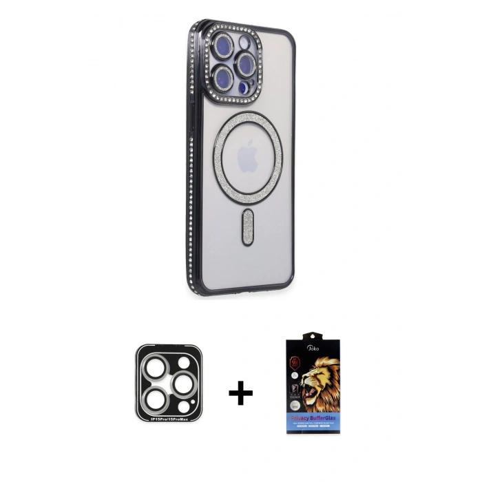 MARSİLYAN™- iPhone 15 Pro Max Kılıf Zirve Doku Prime - Siyah Buffer Hayalet Cam Ekran Koruyucu + PVD Metal Kamera Lens - GS