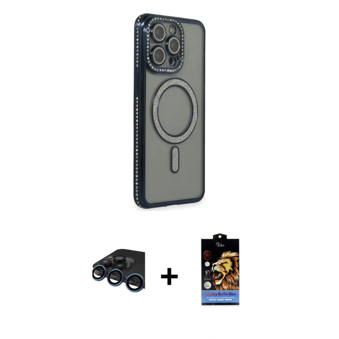 MARSİLYAN™- iPhone 15 Pro Max Kılıf Zirve Doku Prime - Siyah Buffer Hayalet Cam Ekran Koruyucu + Lacivert Raze Metal Kamera Lens