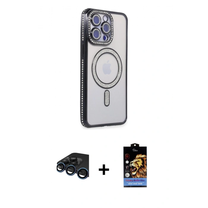 MARSİLYAN™- iPhone 15 Pro Max Kılıf Zirve Doku Prime - Siyah Buffer Hayalet Cam Ekran Koruyucu + Lacivert Raze Metal Kamera Lens