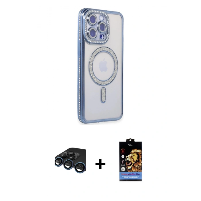 MARSİLYAN™- iPhone 15 Pro Max Kılıf Zirve Doku Prime - Siyah Buffer Hayalet Cam Ekran Koruyucu + Lacivert Raze Metal Kamera Lens