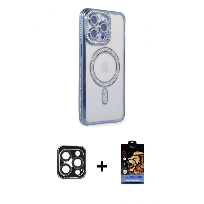 MARSİLYAN™- iPhone 15 Pro Max Kılıf Zirve Doku Prime - Siyah Buffer Hayalet Cam Ekran Koruyucu + PVD Metal Kamera Lens - LT