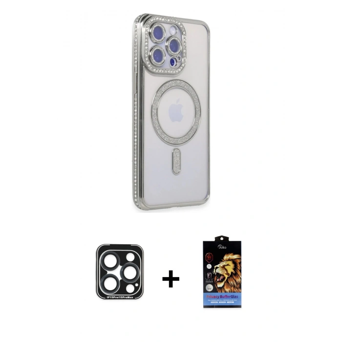 MARSİLYAN™- iPhone 15 Pro Max Kılıf Zirve Doku Prime - Siyah Buffer Hayalet Cam Ekran Koruyucu + PVD Metal Kamera Lens - LT