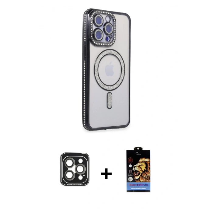 MARSİLYAN™- iPhone 15 Pro Max Kılıf Zirve Doku Prime - Siyah Buffer Hayalet Cam Ekran Koruyucu + PVD Metal Kamera Lens - GI