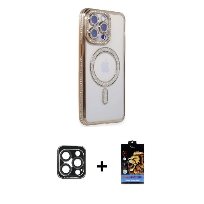 MARSİLYAN™- iPhone 15 Pro Max Kılıf Zirve Doku Prime - Siyah Buffer Hayalet Cam Ekran Koruyucu + PVD Metal Kamera Lens - LT