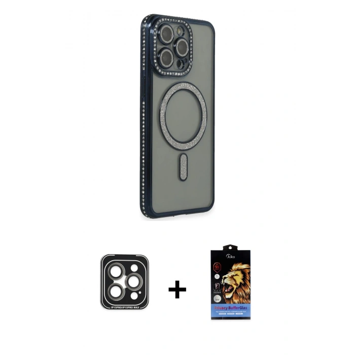 MARSİLYAN™- iPhone 15 Pro Max Kılıf Zirve Doku Prime - Siyah Buffer Hayalet Cam Ekran Koruyucu + PVD Metal Kamera Lens - GI