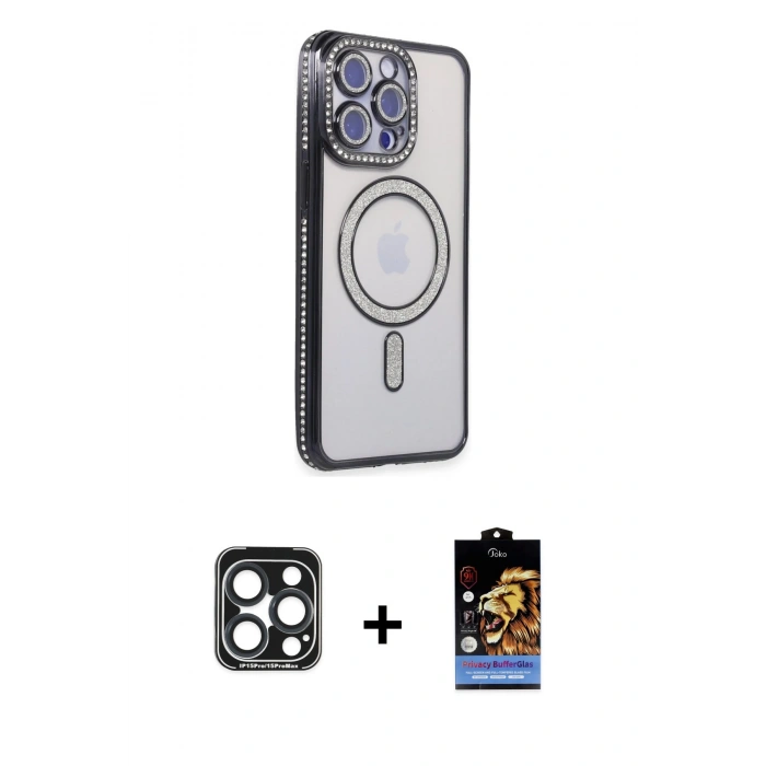 MARSİLYAN™- iPhone 15 Pro Max Kılıf Zirve Doku Prime - Siyah Buffer Hayalet Cam Ekran Koruyucu + PVD Metal Kamera Lens - LT