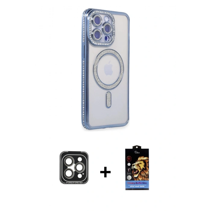 MARSİLYAN™- iPhone 15 Pro Max Kılıf Zirve Doku Prime - Siyah Buffer Hayalet Cam Ekran Koruyucu + PVD Metal Kamera Lens - GI