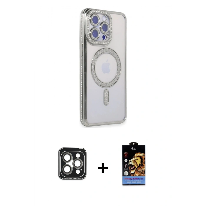 MARSİLYAN™- iPhone 15 Pro Max Kılıf Zirve Doku Prime - Siyah Buffer Hayalet Cam Ekran Koruyucu + PVD Metal Kamera Lens - GI