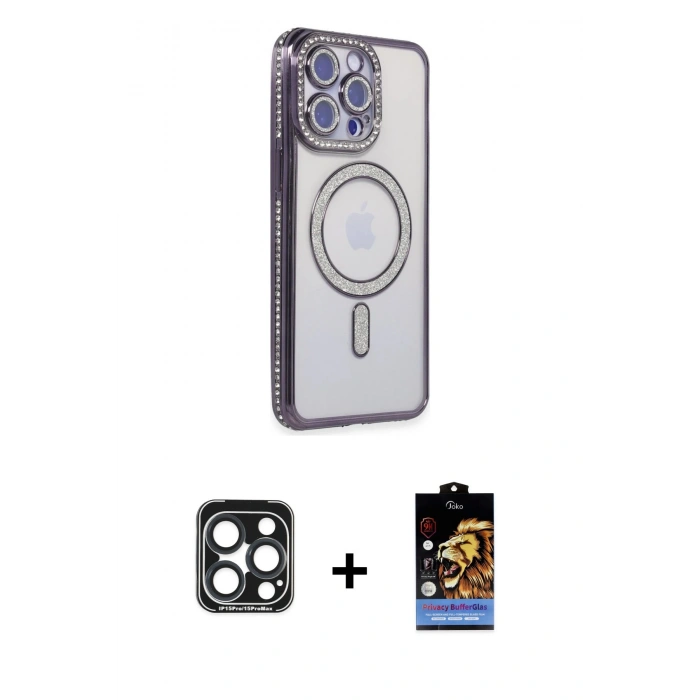 MARSİLYAN™- iPhone 15 Pro Max Kılıf Zirve Doku Prime - Siyah Buffer Hayalet Cam Ekran Koruyucu + PVD Metal Kamera Lens - LT