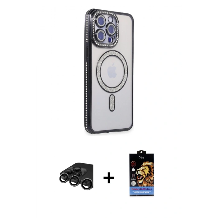 MARSİLYAN™- iPhone 15 Pro Max Kılıf Zirve Doku Prime - Siyah Buffer Hayalet Cam Ekran Koruyucu + Raze Metal Kamera Lens - TMGI
