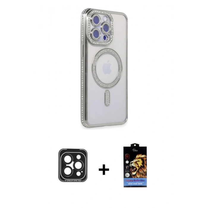 MARSİLYAN™- iPhone 15 Pro Max Kılıf Zirve Doku Prime - Siyah Buffer Hayalet Cam Ekran Koruyucu + PVD Metal Kamera Lens - SH