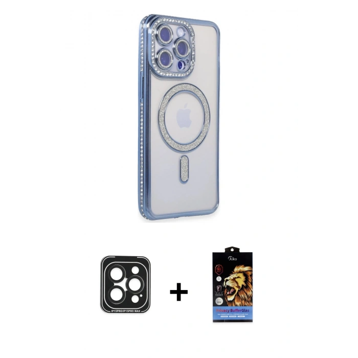 MARSİLYAN™- iPhone 15 Pro Max Kılıf Zirve Doku Prime - Siyah Buffer Hayalet Cam Ekran Koruyucu + PVD Metal Kamera Lens - SH