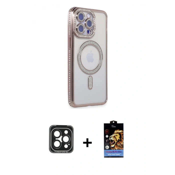 MARSİLYAN™- iPhone 15 Pro Max Kılıf Zirve Doku Prime - Siyah Buffer Hayalet Cam Ekran Koruyucu + PVD Metal Kamera Lens - SH