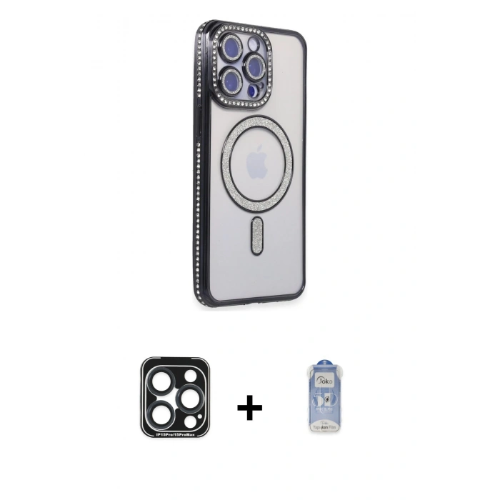MARSİLYAN™- iPhone 15 Pro Max Kılıf Zirve Doku Prime - Siyah Joko Magic 5D Cam + PVD Metal Kamera Lens - LT