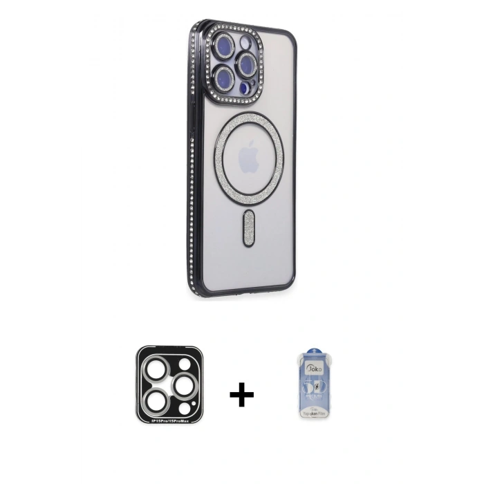 MARSİLYAN™- iPhone 15 Pro Max Kılıf Zirve Doku Prime - Siyah Joko Magic 5D Cam + PVD Metal Kamera Lens - GS