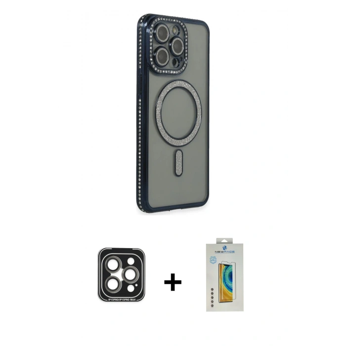 MARSİLYAN™- iPhone 15 Pro Max Kılıf Zirve Doku Prime - Siyah Polymer Nano Ekran Koruyucu + PVD Metal Kamera Lens - GI