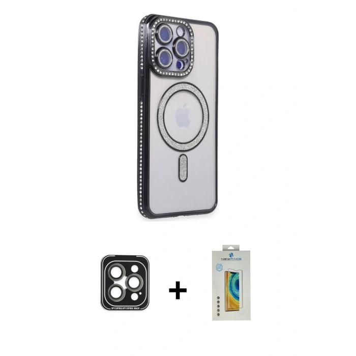 MARSİLYAN™- iPhone 15 Pro Max Kılıf Zirve Doku Prime - Siyah Polymer Nano Ekran Koruyucu + PVD Metal Kamera Lens - GI