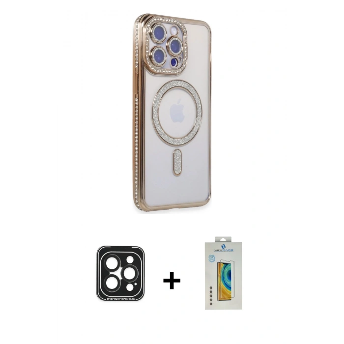 MARSİLYAN™- iPhone 15 Pro Max Kılıf Zirve Doku Prime - Siyah Polymer Nano Ekran Koruyucu + PVD Metal Kamera Lens - SH