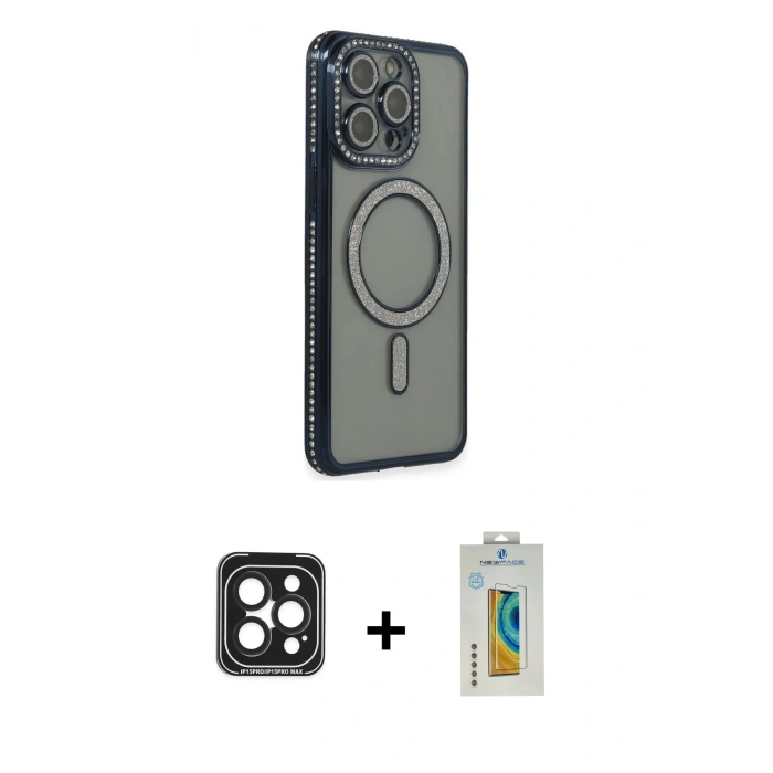 MARSİLYAN™- iPhone 15 Pro Max Kılıf Zirve Doku Prime - Siyah Polymer Nano Ekran Koruyucu + PVD Metal Kamera Lens - SH