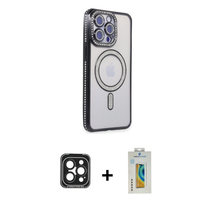 MARSİLYAN™- iPhone 15 Pro Max Kılıf Zirve Doku Prime - Siyah Polymer Nano Ekran Koruyucu + PVD Metal Kamera Lens - SH