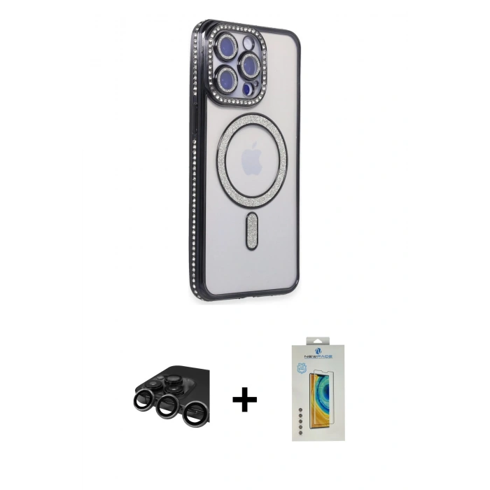 MARSİLYAN™- iPhone 15 Pro Max Kılıf Zirve Doku Prime - Siyah Polymer Nano Ekran Koruyucu + Raze Metal Kamera Lens - TMGI