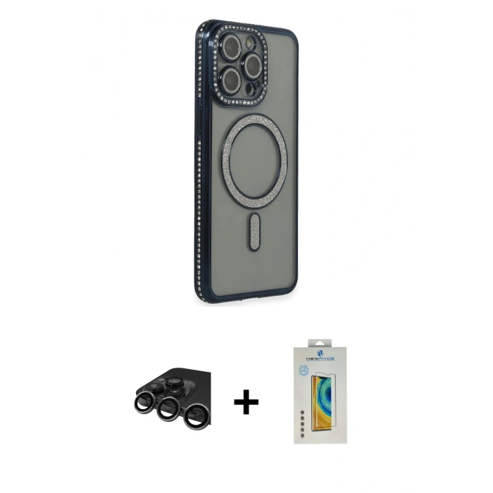 MARSİLYAN™- iPhone 15 Pro Max Kılıf Zirve Doku Prime - Siyah Polymer Nano Ekran Koruyucu + Raze Metal Kamera Lens - TMGI