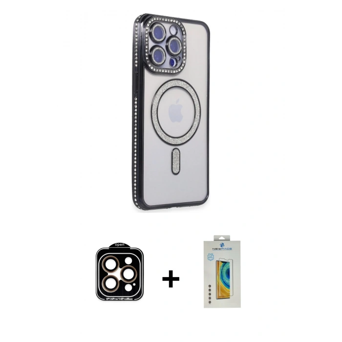 MARSİLYAN™- iPhone 15 Pro Max Kılıf Zirve Doku Prime - Siyah Polymer Nano Ekran Koruyucu + PVD Metal Kamera Lens - TU