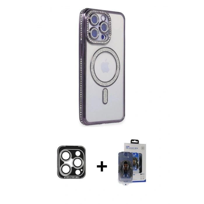 MARSİLYAN™- iPhone 15 Pro Max Kılıf Zirve Doku Prime - Siyah Vanessa Magic Cam + Gümüş PVD Metal Kamera Lens