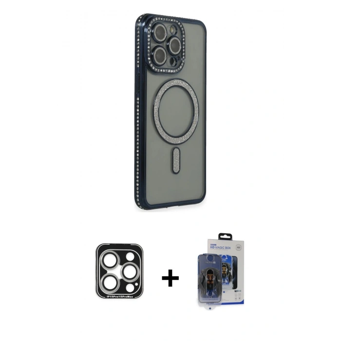 MARSİLYAN™- iPhone 15 Pro Max Kılıf Zirve Doku Prime - Siyah Vanessa Magic Cam + Gümüş PVD Metal Kamera Lens