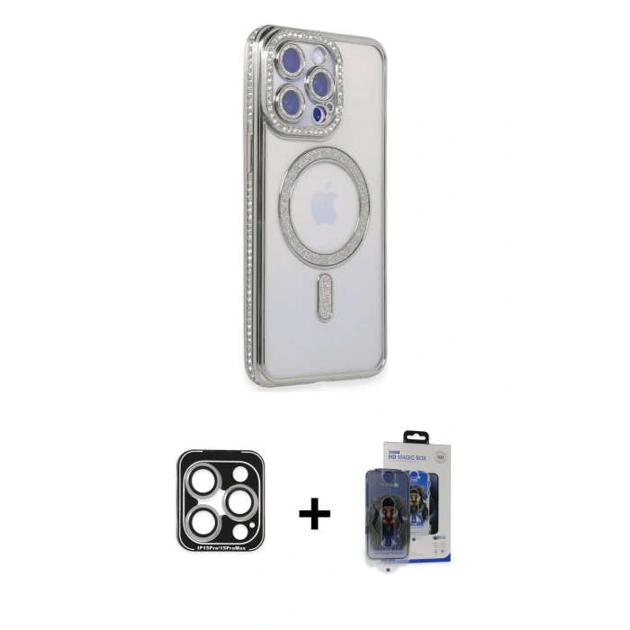 MARSİLYAN™- iPhone 15 Pro Max Kılıf Zirve Doku Prime - Siyah Vanessa Magic Cam + Gümüş PVD Metal Kamera Lens