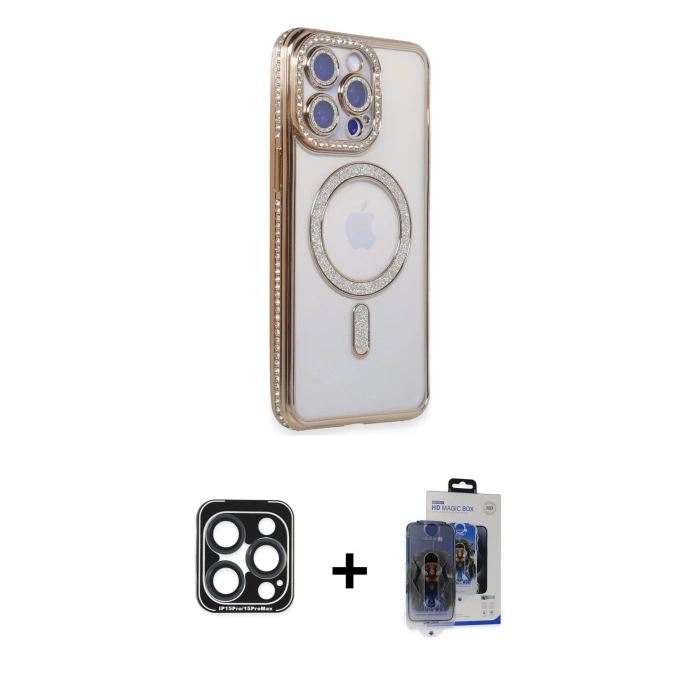 MARSİLYAN™- iPhone 15 Pro Max Kılıf Zirve Doku Prime - Siyah Vanessa Magic Cam + Lacivert PVD Metal Kamera Lens